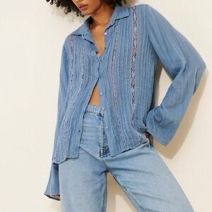 Free People Openwork Button-Down Shirt in Dusty Blue